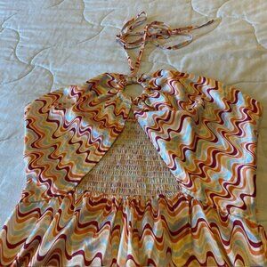 Cupshe Maxi Sundress Swim Coverup Sz M Smocked Bodice, Halter, Keyhole, Zig Zag